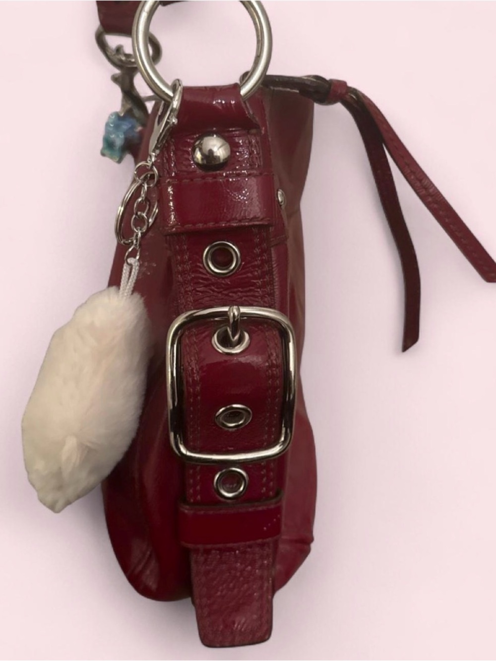 Sold: Coach Zoe Burgundy Glossy Leather Shoulder Hobo with Chain Accent - Picture 5 of 7